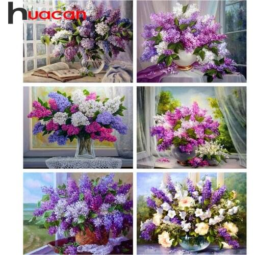 Huacan Diamond Embroidery Mosaic Lilac 5D Diamond Painting New Square Vase Flower Needlework Craft Paintings On The Wall