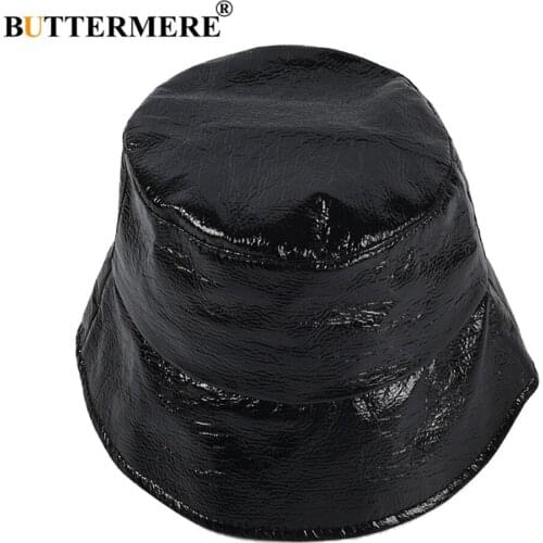 BUTTERMERE Bucket Hat Women Black Pu Leather Female Harajuku Hat Autumn Winter Ladies Brand Solid Casual Fisherman Hat