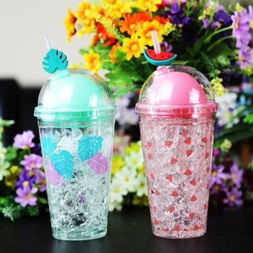 Water Bottle Fruit Straw Creative Student Couple Crushed Ice Cup Plastic Cup Cup With Lid Juice Drink Water Cup Gift Office