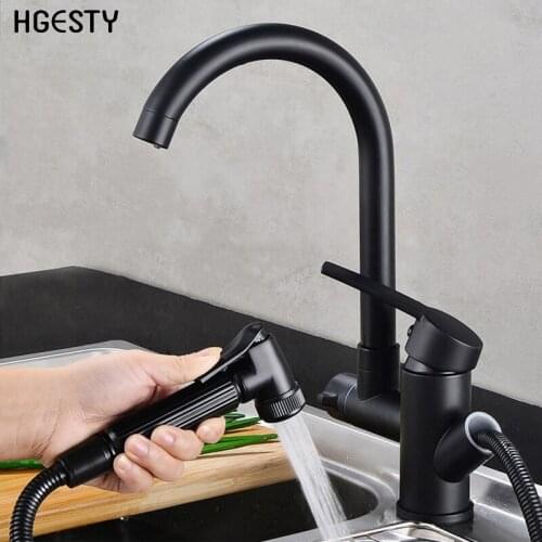Matte Black Kitchen Faucet Dual Spout Pull Out Sprayer 360 Degree Rotation Basin Sink Tap Deck Mounted Cold Hot Water Mixer Tap