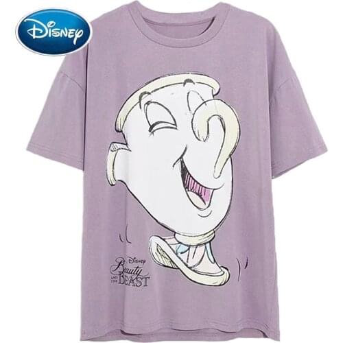 Disney T-Shirt Harajuku Beauty and the Beast Cup Cartoon Print Short Sleeve Vintage Women Cotton Korea Female Tee Tops Purple