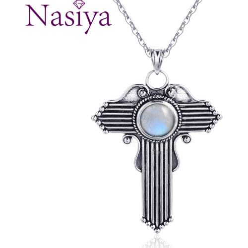 Jewelry S925 Silver Pendant Necklace Round 8MM Natural Moonstone Cross Pendant Necklace Womens Gifts Wholesale Party