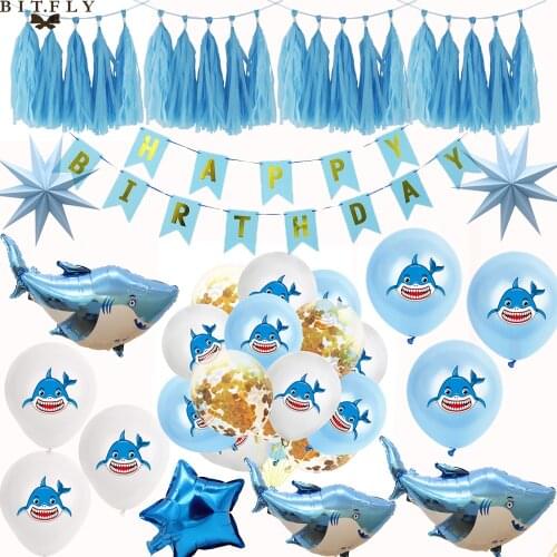 Cartoon Animal Shark Latex Balloon Confetti Air Balloon Banner Tassel For Birthday Baby Shower Hawaii Pool Beach Party Kid Favor