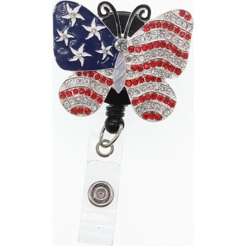 New arrival Free shipping American flag butterfly Rhinestone enamel nurse Retractable ID Badge Holder reel