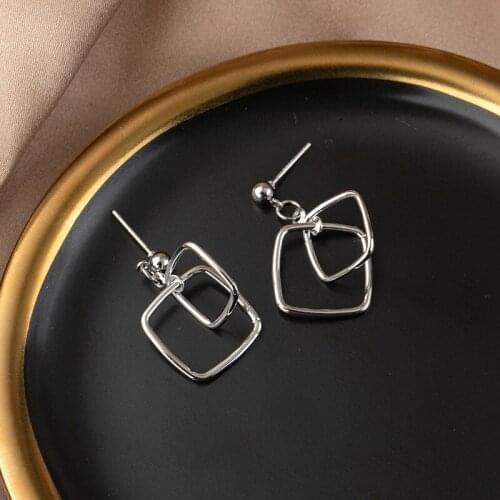 New Fashion Simple S925 Silver Needle Temperament Geometric Hollow Square Stitching Earrings Jewelry for Women