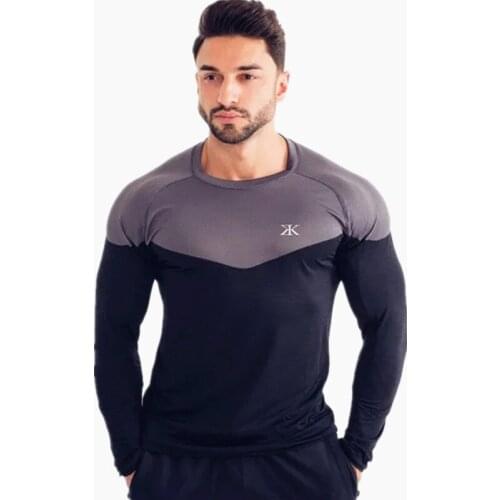 2019 Autumn Fashion Long Sleeve Stitching O-Neck Men tShirt Brand Clothing quick-drying Tees Tops Male Gyms fitness clothing