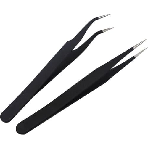 Mayitr 2pcs Stainless Steel Nail Art Rhinestones Tweezer Crystal Picker Clip Straight Curved Head DIY Black Eyebrow Tweezers