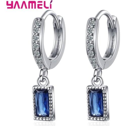 Luxury Simple Blue Square Cubic Zircon Stone Hoop Earring 925 Sterling Silver Earings Elegant Jewelry Party Gifts For Women Girl