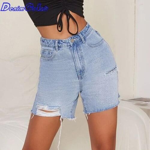 DenimColab High Waist Slim Denim Shorts Woman Summer New Fashion Hole Washed Five-point Straight Denim Shorts Ladies Hot Shorts