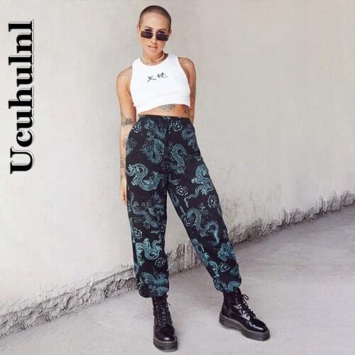 Ucuhulnl Women Streetwear Pants Harajuku Gothic Vintage Black Harm Pant Dragon Print High Waist Casual Loose Long Trousers