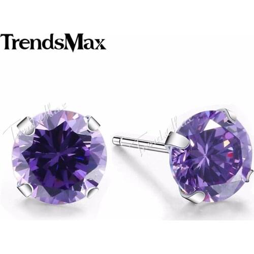 Round Cut Purple CZ Stud Earrings for Women Silver Color Earrings Womens Engagement Party Jewelry SEM04