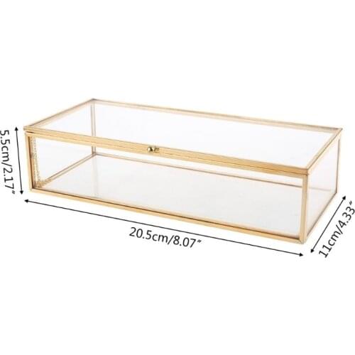 Golden Vintage Glass Lidded Box Edge Bracelet Keepsake Decorative Jewelry Ring Display Personalized Large Clear Rectangle Box