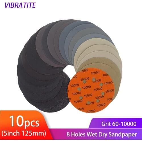 VIBRATITE 5 Inch 8 Holes Sanding Discs Hook&Loop Wet Dry Sandpaper Grit 60-10000 for Auto Wood Metal Plastic Polishing 10pcs