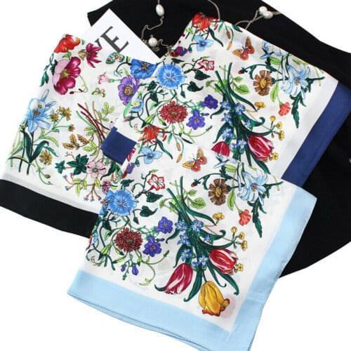100% Silk Scarf Shiny Bandana Women Fashion Boho Style Flower Print Neckerchief Lady Grils Headband Turban Gift 53*53cm