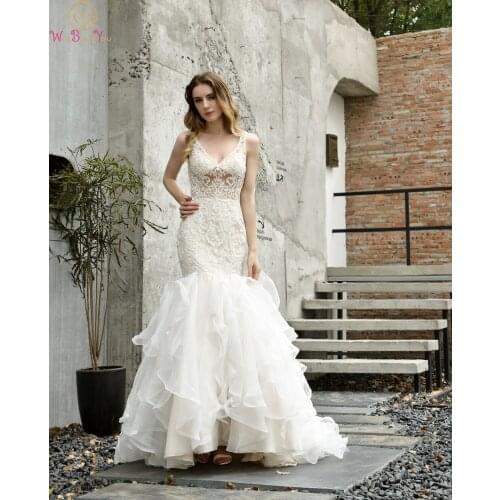 2019 Ruffles Mermaid Sleeveless Wedding Dresses V-Neck Appliques Beading Sequins Bridal Gowns vestidos de novia robe de mariee