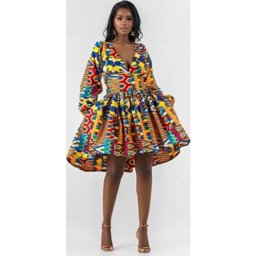 2021autumn Sexy Fashion African Women V-neck Polyester Printing Plus Size Dress