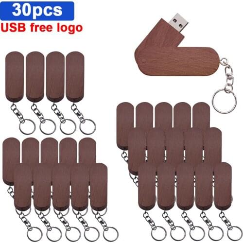 30pcs free custom logo Wooden USB 2.0 Flash Drive pendrive 4GB 8gb 16GB 32GB 64GB 128gb Rotation With Keychain usb stick u disk