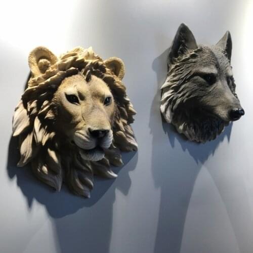 3D Animal Head Wall Hanging Resin Decoration Wolf Tiger Leopard Lion Bear Mural Wildlife Sculpture Figurines Sculptures