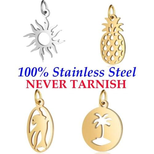 5 Pieces Sun Dolphin Coconut Palm Pineapple Wholesale 100% Stainless Steel DIY Jewelry Charms Real 316 Steel DIY Charms