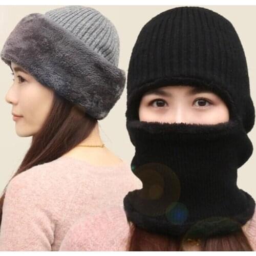 Men Women Winter Ribbed Knitted Balaclava Beanie Hat Outdoor Cycling Plush Lined Thermal Warm Ski Face Cover Neck Gaiter