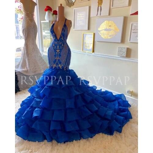 Royal Blue Mermaid Long Prom Dress 2021 Real Pictures Tiered Organza Sexy Sequin Top V\Deep V-neck Backless African Prom Dresses