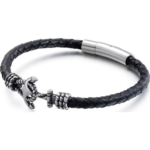 European and American fashion anchor titanium steel cowhide bracelet retro mens jewelry wire leather bracelet