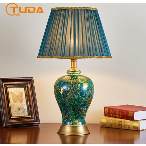 TUDA American Style Retro Green Leaves Ceramic Table Lamp for Living Room Bedroom Peacock Gold Painting Villa Table Lamp