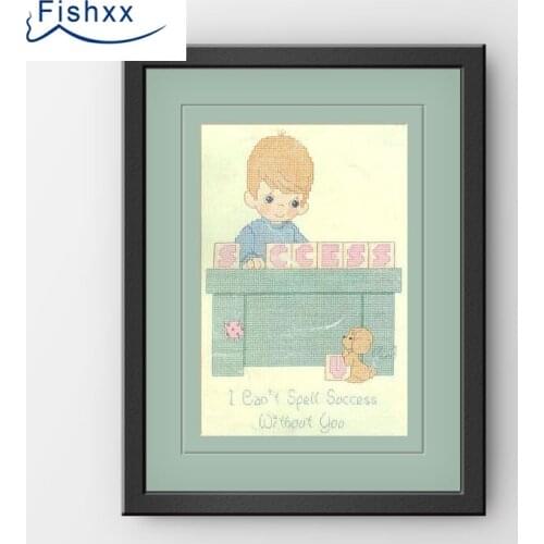 European Style Hanging Pastoral Style Cartoon Characters Fishxx Cross Stitch Kit H144 Boys Learn English Ivory White Cloth