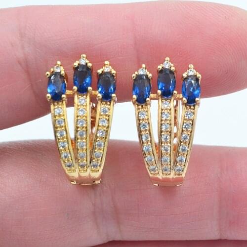 Gold Color Women Fashion Blue Cubic Zirconia CZ Huggie Earrings Jewelry