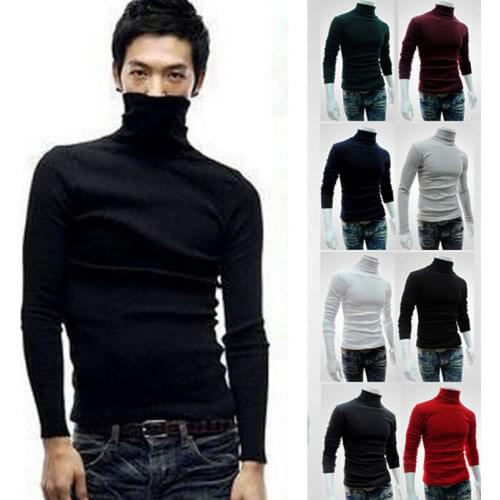 Hot Fashion High Neck Slim Jacket Jumper Men Knit Pullover Coat Long Sleeve Men Winter Cotton Turtleneck Sweater Solid Tops
