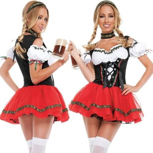 Hot Sale German Oktoberfest Wench Dirndl Costume Adult Red Beer Maid Heidi Fancy Dress Cosplay Carnival Party Uniforms S-2X
