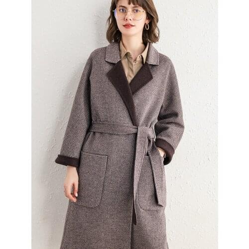 Winter new 100% pure wool double faced cashmere coat womens medium long Plaid loose wool coat over the knee