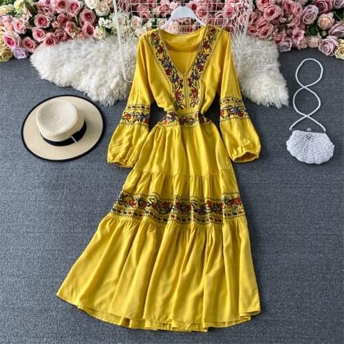 Boho Dress 2021 Spring Long Sleeve Retro Embroidery Holiday Dress Women Lantern Sleeve Casual Long Shirt Dresses Vestidos