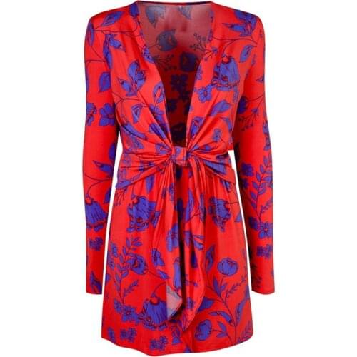 Women Floral Print Casual Dress Fashion V-neck Long Sleeve Dress Waist Tie Mini Dress Summer Beach Sundress Vestido Hippie Chic