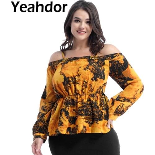 Plus Size Women Fashion Print Tops T-shirt Off Shoulder Adjustable Shoulder Strap Long Sleeves Ruffle Hem Casual Top Shirt