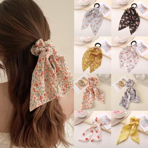 Fashion Colorful Flowers Bow Satin Long Ribbon Women Hair Scrunchies Scarf Elastic Hair Bands For Women Girls Hair Tie Headwear
