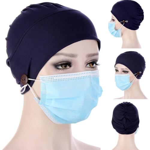 Solid Color Button Bonnet Hat Women High Quality Headscarf Folds Muslim Turban Hat Head Cover Head Scarf Hijabs Bonnet Hat Hot