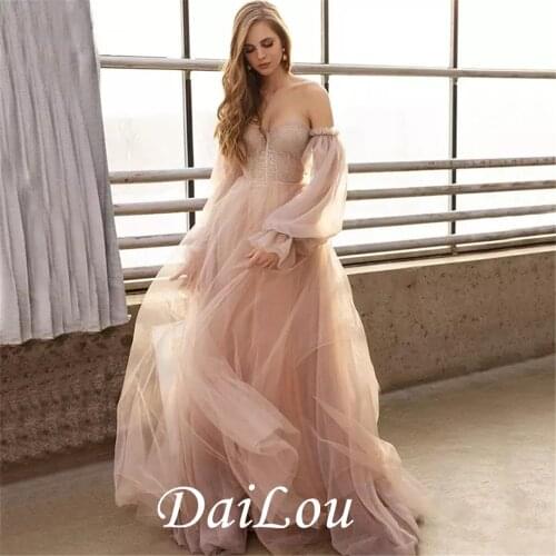 Boho Skin Pink Wedding Dress Robe De Mariée With Detachable Puff Long Sleeves Vestido De Noiva Garden Country Bridal Gowns 2021