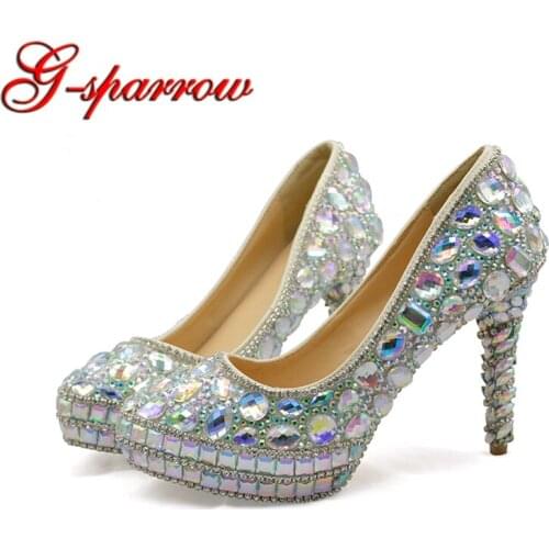 Customise AB Crystal Wedding Dress Shoes Sparkling Rhinestone High Heels Banquet Party Shoes Bride Pumps Platform Plus Size