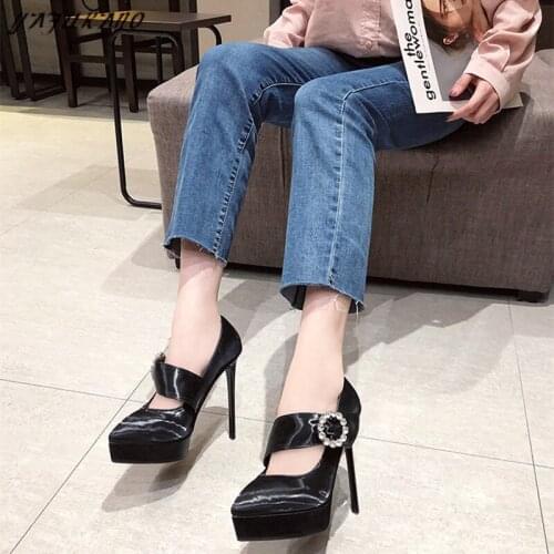 12Cm Sexy Platform Pointed Toe Rhinestone Buckle High Heels Nightclub Catwalk Single Shoes Brand Design Ladies Thin Heels Pumps