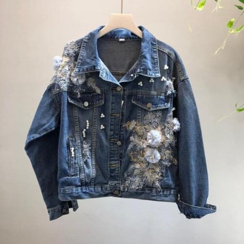 Embroidery three-dimensional flowers Denim jackets female single breasted diamond beading denim outwear tops wq1574 dropship
