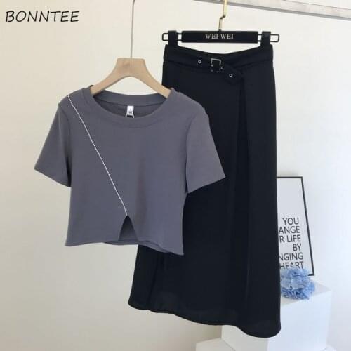 Sets Women Oversize M-5XL Solid Simple Fashion Office Lady All-match Summer Korean Style Cropped 2 Piece Outfit New O-neck Soft