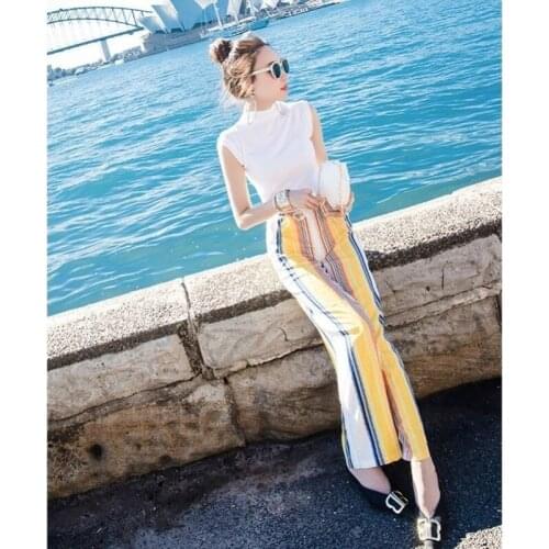 2021 New Summer Plus Size Women Sets Sleeveless Blouse and Elastic Waist Wide Leg Pants Suits Female Stripe Print Set Y824