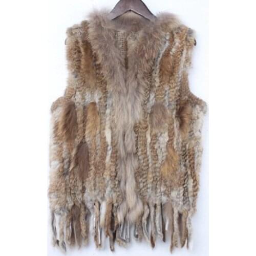 Women genuine natural real rabbit fur vest classic woven knitted warm female coat tassels raccoon fur collar waistcoat/jackets