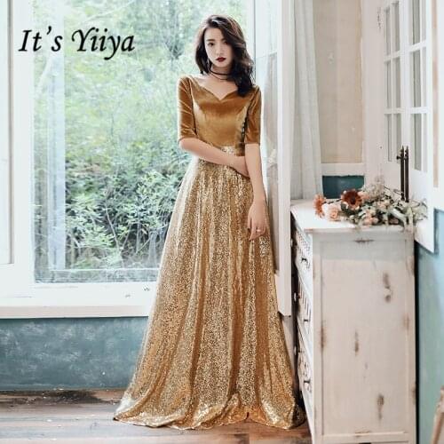 Its Yiiya Evening Dress Long Gold Sequins Velour Evening Dresses For Women Elegant Formal Gowns Plus Size robe de soiree LF144