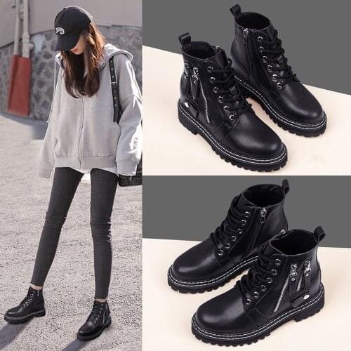 Winter Womens Shoes Thick Black Casual Short Boots Leather Lace Plush Cotton Boots Fashion Comfortable Sports Warm Martin Boots