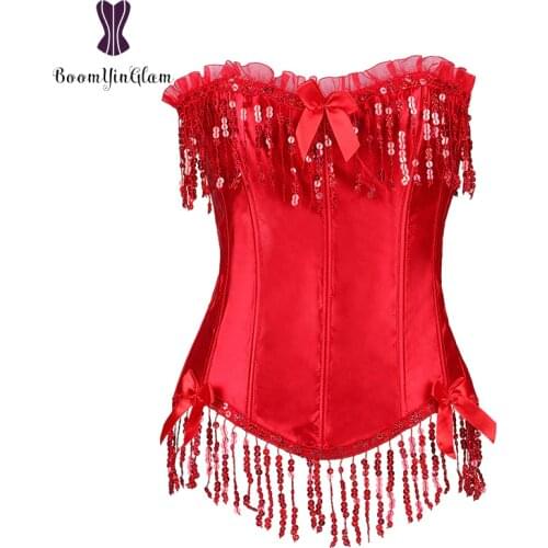 High quality hooks side design sequin corselet women bustier corset red corset for dancing with g string