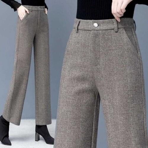 2021 Autumn Winter Women Thick Warm Woolen Wide Leg Pants Female Solid Pocket High Waist Office Pant Lady Elegant Trousers K537