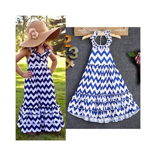 2016 Summer Cool Fashion Backless Baby Kids Girls Sleeveless Blue+White Wave Wavy Stripe Maxi Long Sundress Boho Dress 3-10Y