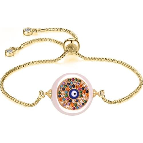 AAA Multicolor Cubic Zirconia White Cowrie Shells Copper Round Evil Eye Lucky Charm Bracelet Women Girl Fashion CZ Jewery Gift